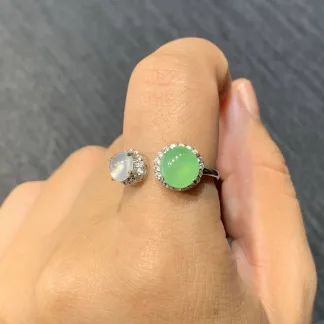 High-Icy White and Green Natural Jadeite Cabochon Ring — S925 Silver · No. 1D49