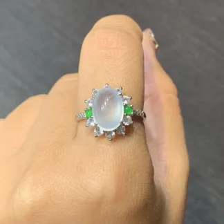 High-Icy Glowing Natural Jadeite Cabochon Ring — S925 Silver · No. 538A