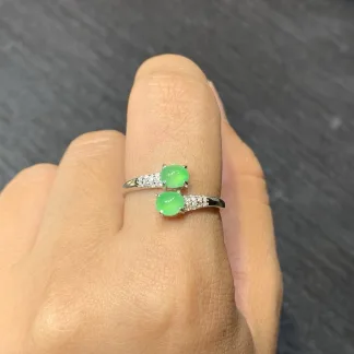 High-Icy Vivid Green Clear Twin Cabochon Natural Jadeite Ring — S925 Silver · No. 5F08