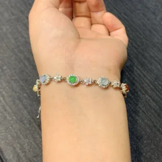High-Icy Multicolor Natural Jadeite Cabochon Bracelet — S925 Silver · No. 3964