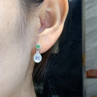 High-Icy Glowing Natural Jadeite Cabochon Drop Earrings — S925 Silver · No. 9A55