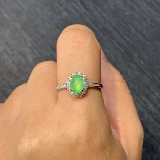 High-Icy Glowing Green Natural Jadeite Cabochon Ring — S925 Silver · No. 4081