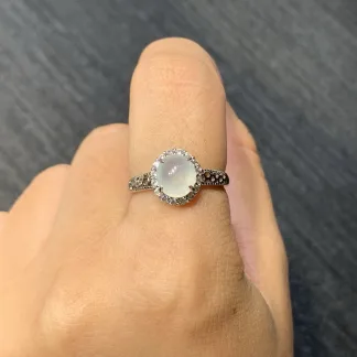 Icy Glowing Natural Jadeite Cabochon Ring — S925 Silver · No. 9CC1