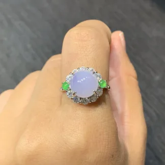 Lavender Round Natural Jadeite Cabochon Ring — S925 Silver · No. 1E7C