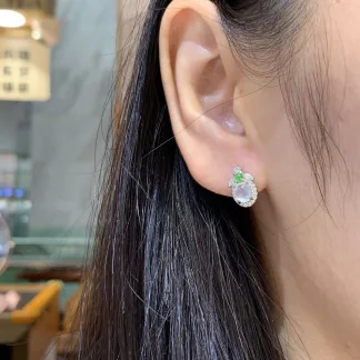 High-Icy Glowing Natural Jadeite Cabochon Stud Earrings — S925 Silver · No. 452D