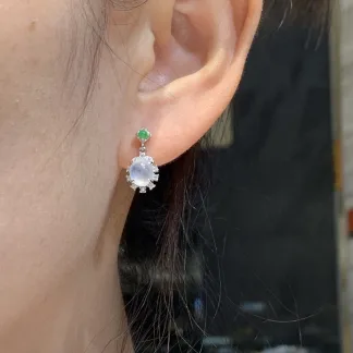 High-Icy Glowing Natural Jadeite Cabochon Drop Earrings — S925 Silver · No. 16B9