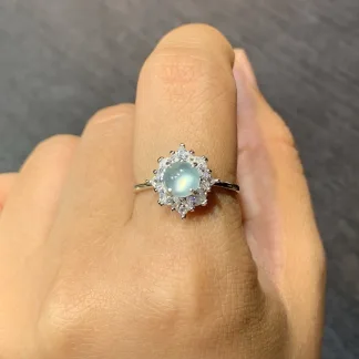 High-Icy Glowing Natural Jadeite Cabochon Ring — S925 Silver · No. D235
