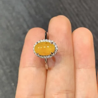 High-Icy Honey Yellow Natural Jadeite Cabochon Ring — S925 Silver · No. F418