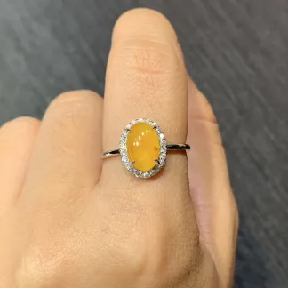 High-Icy Honey Yellow Natural Jadeite Cabochon Ring — S925 Silver · No. F418