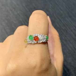 High-Icy Multicolor Natural Jadeite Cabochon Ring — S925 Silver · No. 1B42