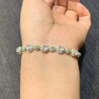 Icy Glowing and Vivid Green Natural Jadeite Cabochon Bracelet — S925 Silver · No. 5064