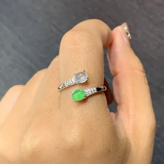High-Icy White and Green Natural Jadeite Cabochon Ring — S925 Silver · No. 67AD