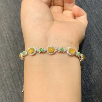 High-Icy Honey Yellow Natural Jadeite Cabochon Bracelet — S925 Silver · No. 3DD3
