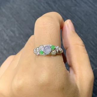 Icy Lavender and Vivid Green Natural Jadeite Cabochon Ring — S925 Silver · No. 763A