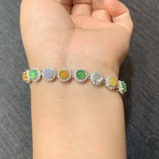 High-Icy Multicolor Natural Jadeite Cabochon Bracelet — S925 Silver · No. 0C6F
