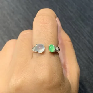 High-Icy White and Green Natural Jadeite Cabochon Ring — S925 Silver · No. EB1C