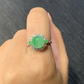 Icy Vivid Green Natural Jadeite Cabochon Ring — S925 Silver · No. 43D2