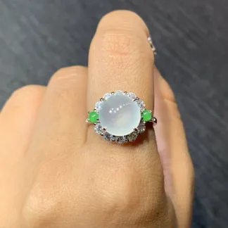High-Icy Glowing Natural Jadeite Cabochon Ring — S925 Silver · No. C5EC