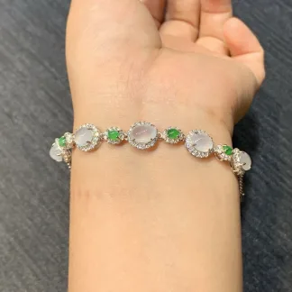 High-Icy Glowing White and Green Natural Jadeite Cabochon Bracelet — S925 Silver · No. 5C34