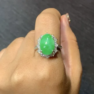 Icy Vivid Green Natural Jadeite Cabochon Ring — S925 Silver · No. BAF0