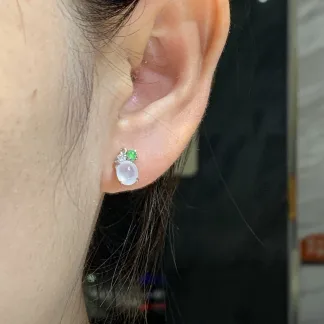 Icy Glowing Natural Jadeite Cabochon Stud Earrings — S925 Silver · No. 4C87