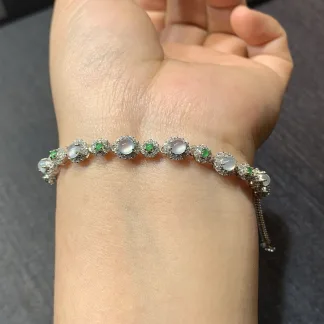 High-Icy Glowing Natural Jadeite Cabochon Bracelet — S925 Silver · No. 4C3A