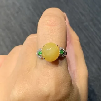 Icy Honey Yellow Natural Jadeite Cabochon Ring — S925 Silver · No. B414