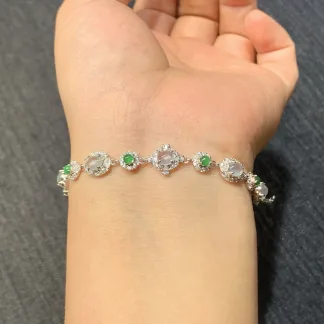 High-Icy Glowing White and Vivid Green Natural Jadeite Cabochon Bracelet — S925 Silver · No. 4CE2