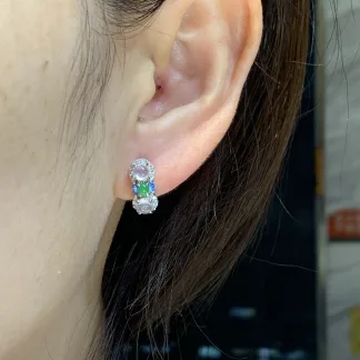 High-Icy White and Green Natural Jadeite Cabochon Huggie Earrings — S925 Silver · No. DB60