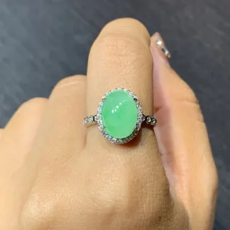 Icy Fresh Vivid Green Natural Jadeite Cabochon Ring — S925 Silver · No. 2BB7