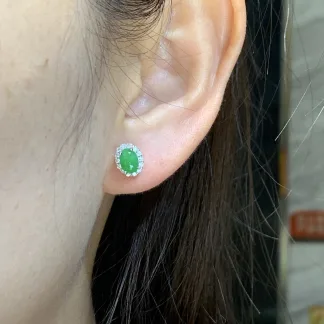 Icy Vivid Green Natural Jadeite Cabochon Stud Earrings — S925 Silver · No. 691D
