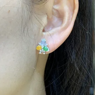High-Icy Multicolor Natural Jadeite Cabochon Stud Earrings — S925 Silver · No. B863