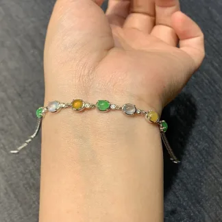 High-Icy Multicolor Natural Jadeite Cabochon Bracelet — S925 Silver · No. D81C
