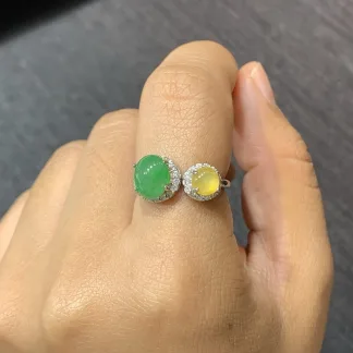 High-Icy Yellow and Green Natural Jadeite Cabochon Ring — S925 Silver · No. 3896