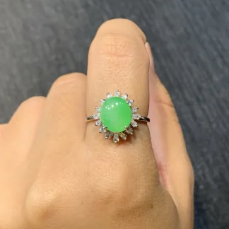 Icy Vivid Green Natural Jadeite Cabochon Ring — S925 Silver · No. 435B