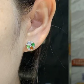 High-Icy Multicolor Natural Jadeite Cabochon Stud Earrings — S925 Silver · No. FE7B