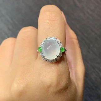 High-Icy Glowing Natural Jadeite Cabochon Ring — S925 Silver · No. A0C0