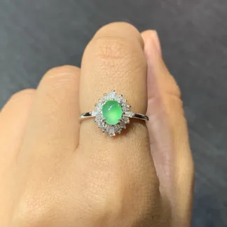 High-Icy Glowing Green Natural Jadeite Cabochon Ring — S925 Silver · No. 016D