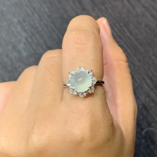 High-Icy Glowing Clear Natural Jadeite Cabochon Ring — S925 Silver · No. 799E