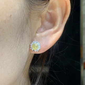 High-Icy Honey Yellow Natural Jadeite Cabochon Stud Earrings — S925 Silver · No. A98D