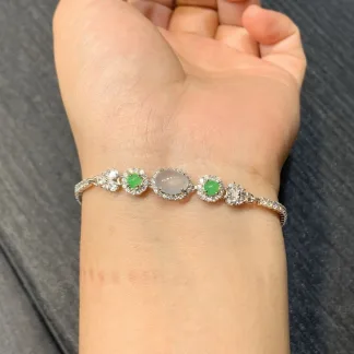 High-Icy Glowing Natural Jadeite Cabochon Bracelet — S925 Silver · No. B097