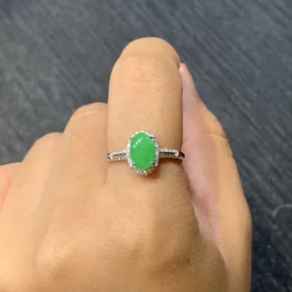 Icy Vivid Green Natural Jadeite Cabochon Ring — S925 Silver · No. 418D