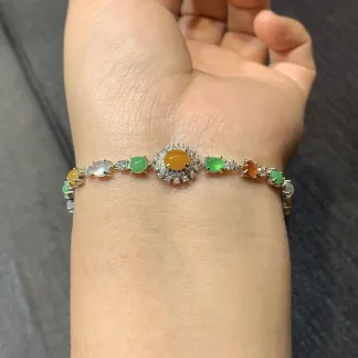 High-Icy Multicolor Natural Jadeite Cabochon Bracelet — S925 Silver · No. 1A7C