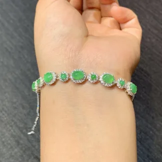 High-Icy Vivid Green Natural Jadeite Cabochon Bracelet — S925 Silver · No. ED59