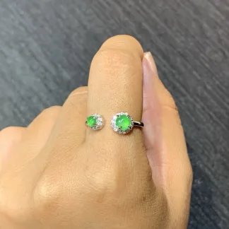 High-Icy Vivid Green Natural Jadeite Twin Cabochon Ring — S925 Silver · No. 162D