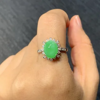 Icy Vivid Green Natural Jadeite Cabochon Ring — S925 Silver · No. B2F8
