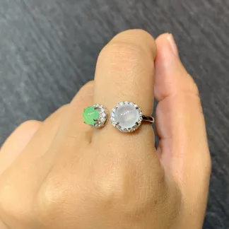 High-Icy White and Green Natural Jadeite Cabochon Ring — S925 Silver · No. 8F20