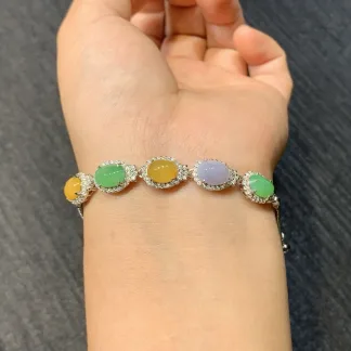 High-Icy Multicolor Natural Jadeite Cabochon Bracelet — S925 Silver · No. 91DF