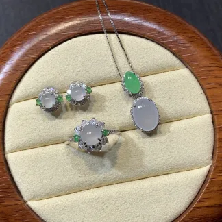 High-Icy Glowing Natural Jadeite Cabochon Set — S925 Silver · No. 1CCB