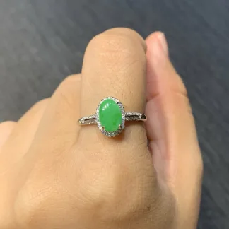 Icy Vivid Green Natural Jadeite Cabochon Ring — S925 Silver · No. 06E0